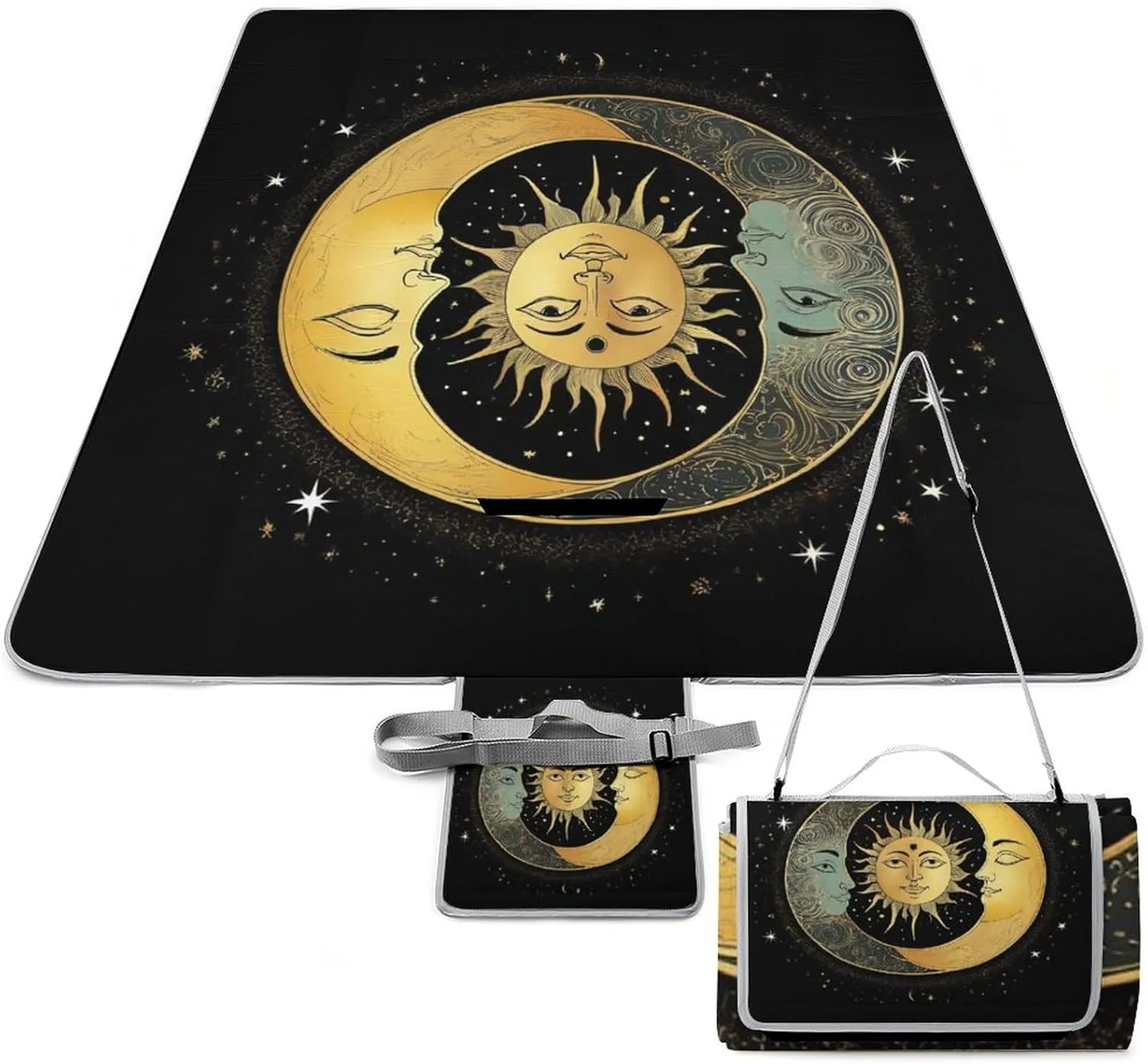 Outdoor Foldable Sun Crescent Moon Stars Astrology Tarot Cards Mat for Women Men Unisex, Waterproof Sand Beach Blanket for Camping Picnic Travel Park
