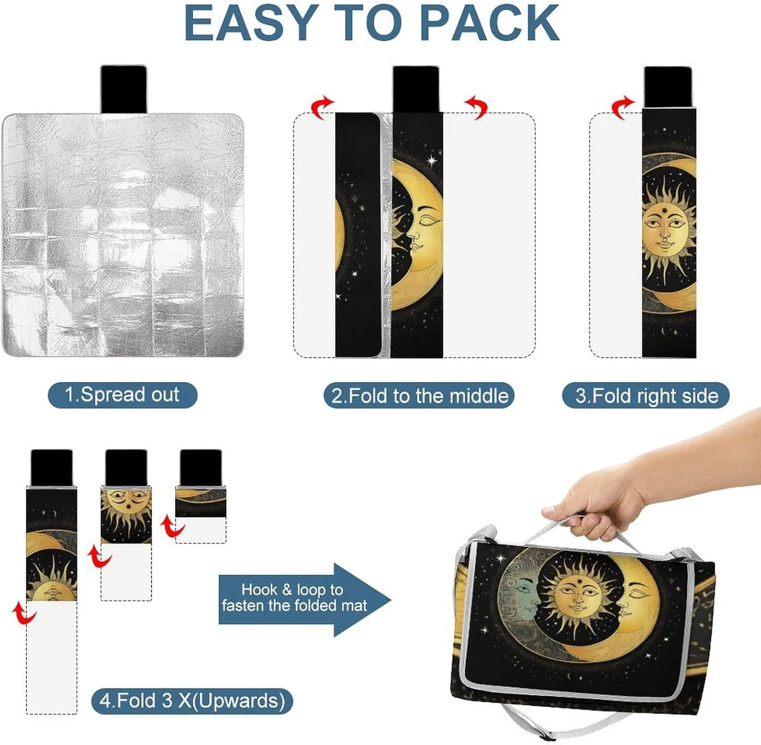 Outdoor Foldable Sun Crescent Moon Stars Astrology Tarot Cards Mat for Women Men Unisex, Waterproof Sand Beach Blanket for Camping Picnic Travel Park