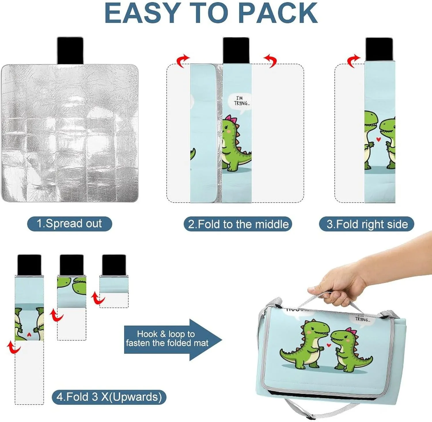 Outdoor Foldable Waterproof Mat for Unisex, Portable Cute Dinosaurs Hug Me, I'm Trying Picnic Blanket, Soft Blankets for Park Travel Grass Beach Camping