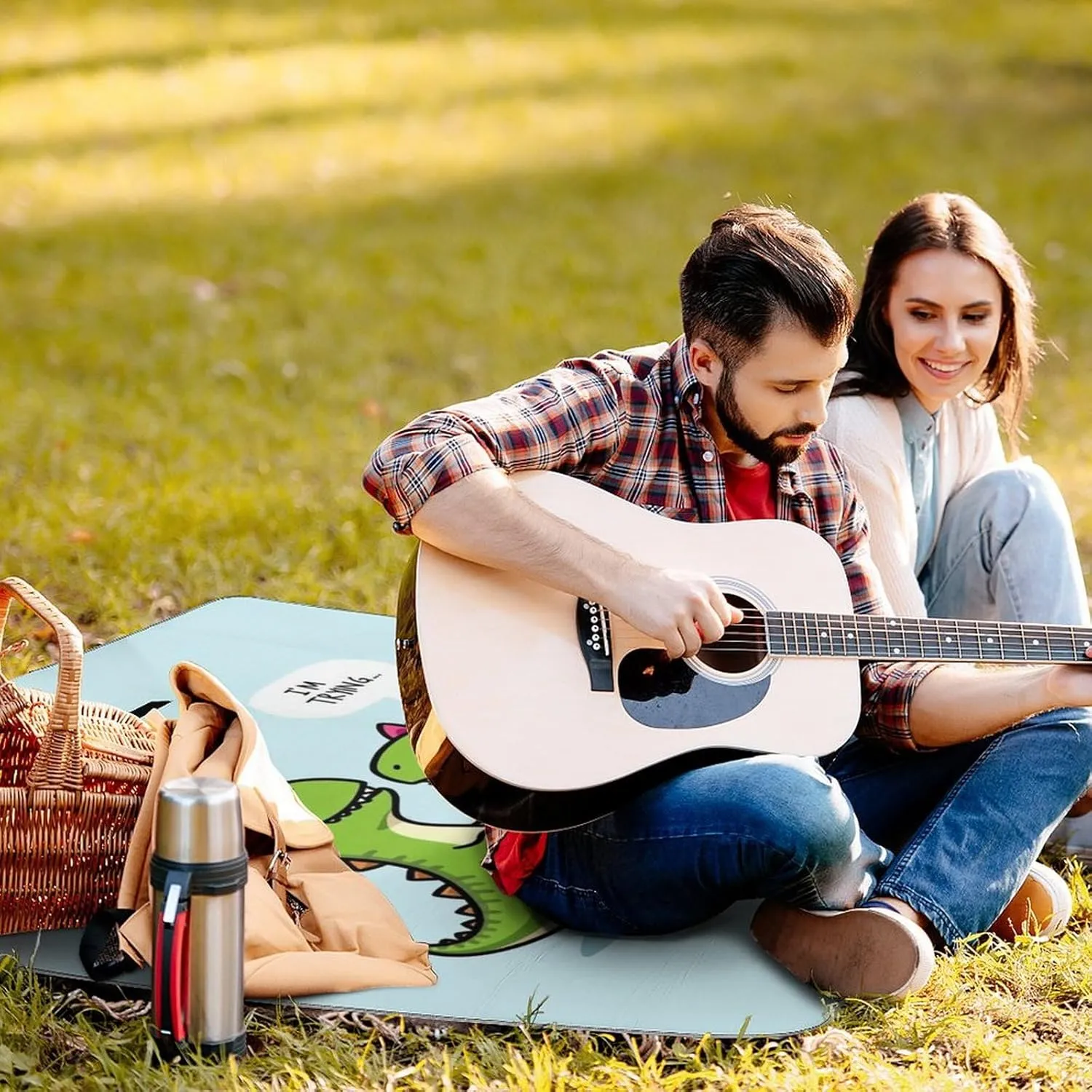 Outdoor Foldable Waterproof Mat for Unisex, Portable Cute Dinosaurs Hug Me, I'm Trying Picnic Blanket, Soft Blankets for Park Travel Grass Beach Camping