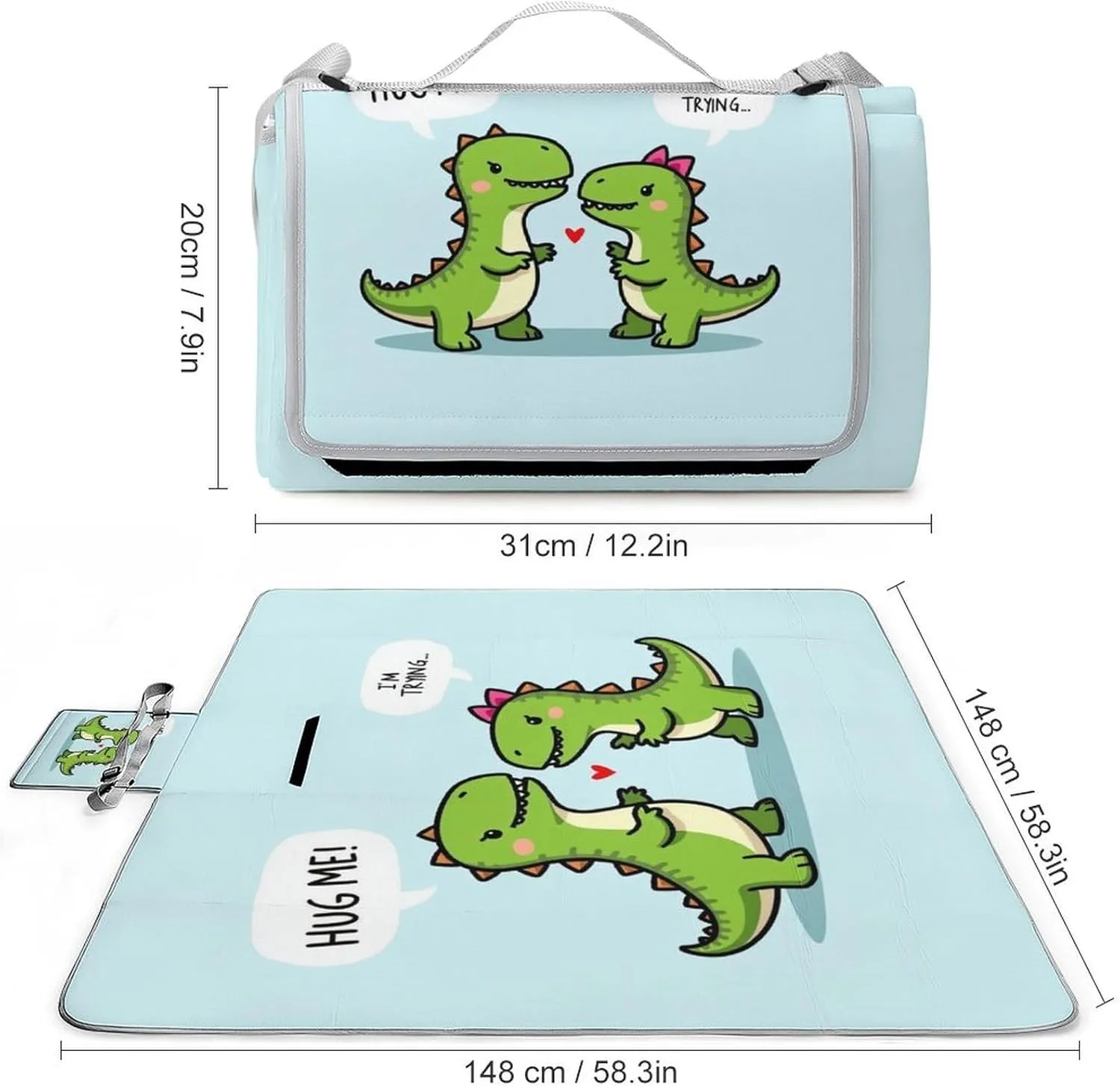 Outdoor Foldable Waterproof Mat for Unisex, Portable Cute Dinosaurs Hug Me, I'm Trying Picnic Blanket, Soft Blankets for Park Travel Grass Beach Camping
