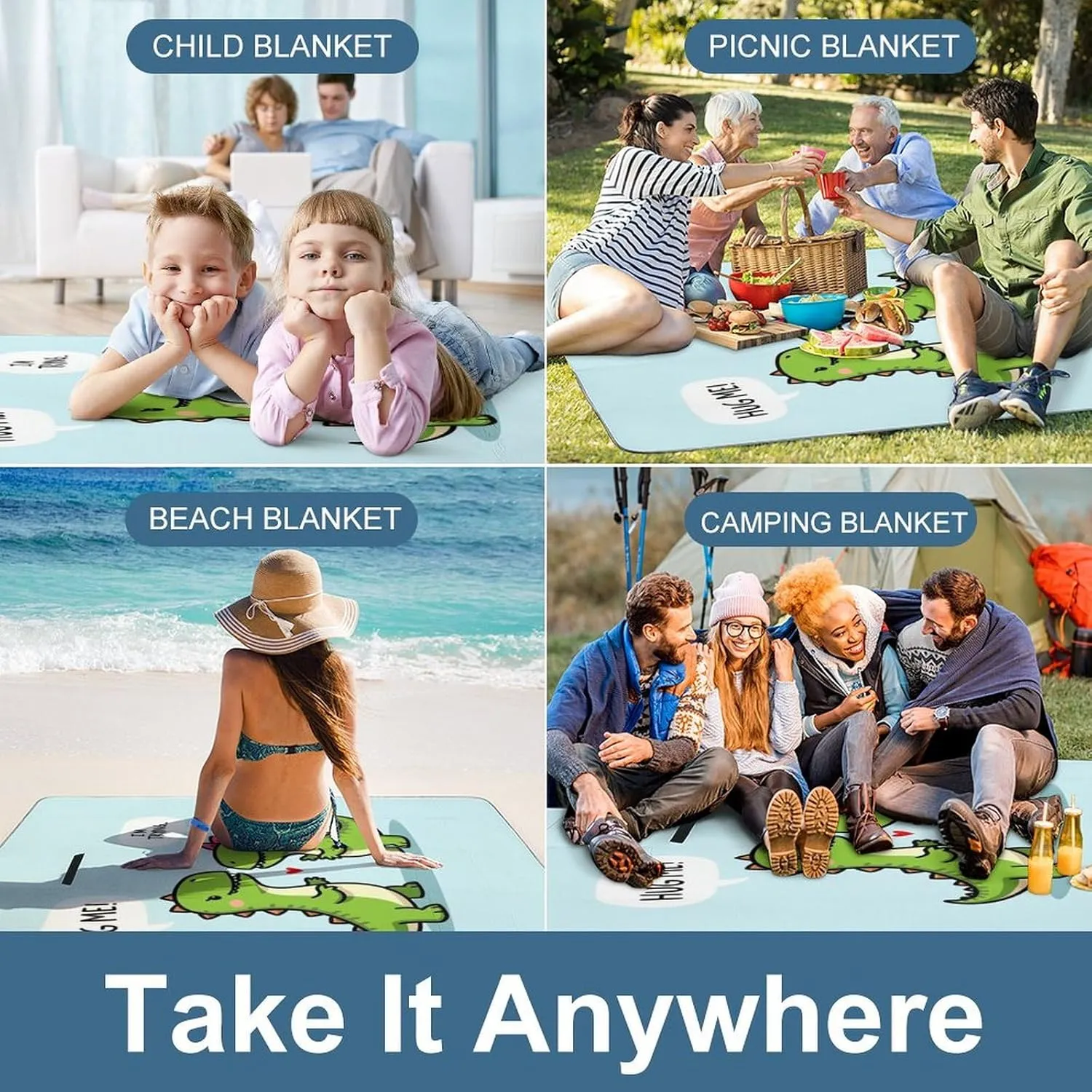 Outdoor Foldable Waterproof Mat for Unisex, Portable Cute Dinosaurs Hug Me, I'm Trying Picnic Blanket, Soft Blankets for Park Travel Grass Beach Camping
