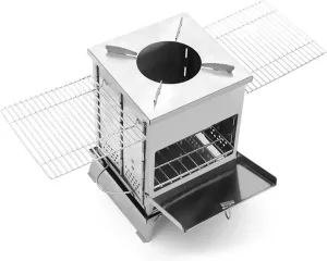 Outdoor Folding Wood Stove Mini Stainless Steel Oven BBQ Camping Picnic Folding Charcoal Stove New Camping Barbecue Oven, Camp Tent Stove with Grill Racks Silver