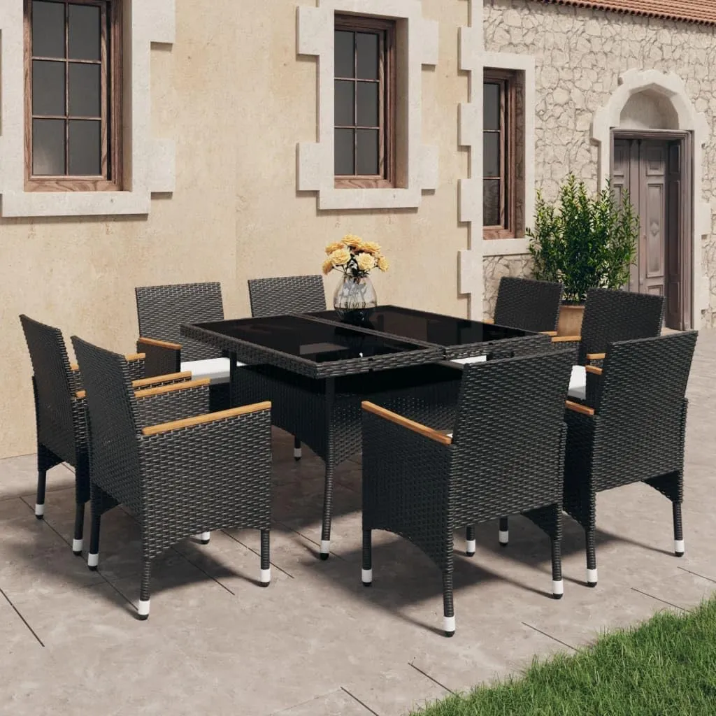 Outdoor Patio Furniture,9 Piece Patio Dining Set Poly Rattan and Acacia Wood BlackDesigned for Camping, Resting, Outdoors.