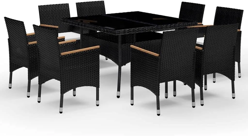 Outdoor Patio Furniture,9 Piece Patio Dining Set Poly Rattan and Acacia Wood BlackDesigned for Camping, Resting, Outdoors.