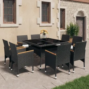 Outdoor Patio Furniture,9 Piece Patio Dining Set Poly Rattan and Acacia Wood BlackDesigned for Camping, Resting, Outdoors.