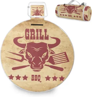 Outdoor Picnic Blanket Grill Barbecue Design Circular Picnic Mat Moisture-Proof Pad Camping Beach Blankets Foldable Waterproof Sand Mat Hiking Travel 58.2"X58.2"