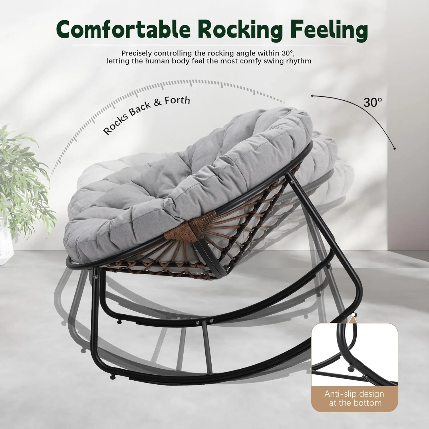 Outdoor Round Rocking Chair, Patio Wicker Egg Chair, Comfy Oversized Papasan Chair with Light Grey Padded Cushion Black Frame, Royal Rattan Rocker for Living Room, Front Porch, Patio