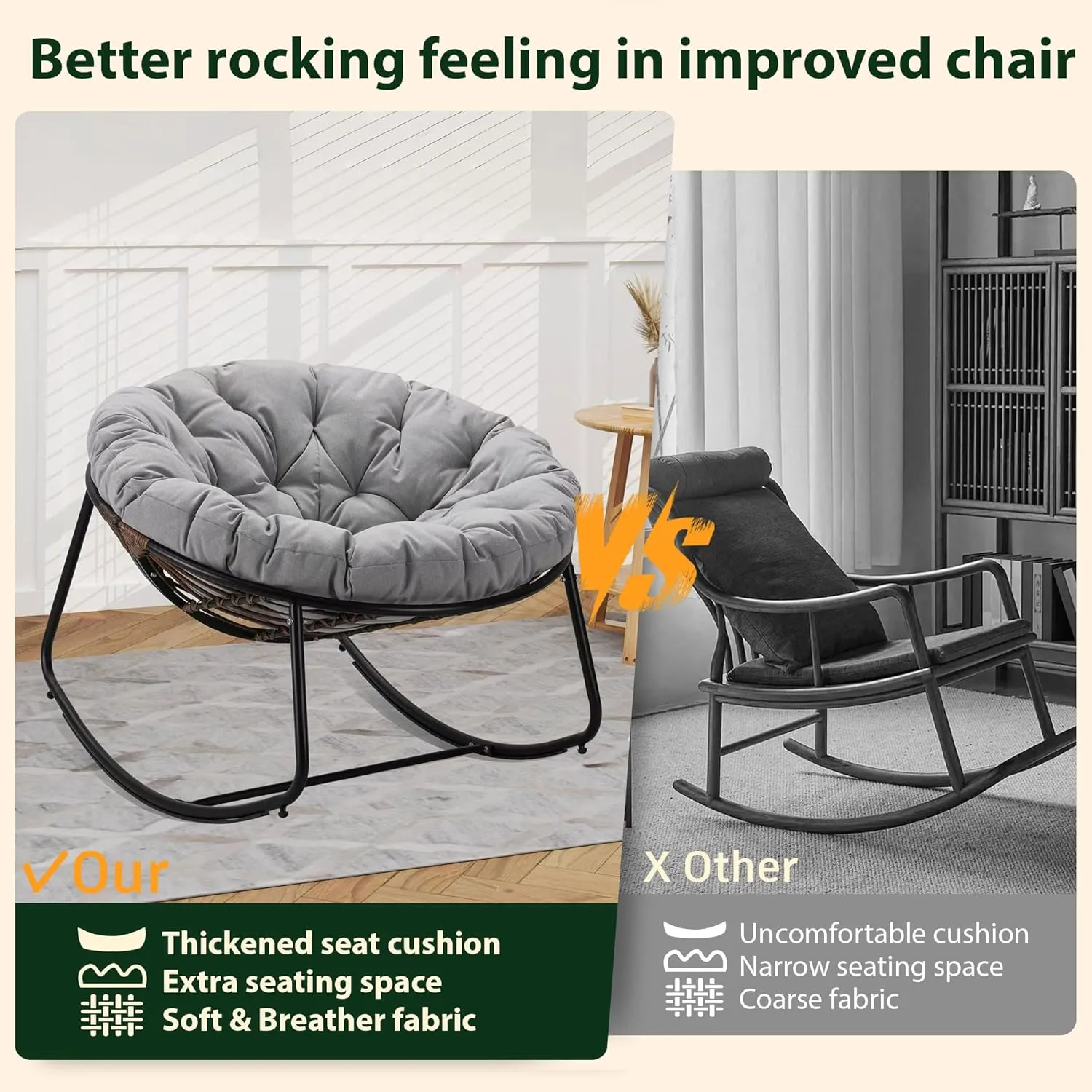 Outdoor Round Rocking Chair, Patio Wicker Egg Chair, Comfy Oversized Papasan Chair with Light Grey Padded Cushion Black Frame, Royal Rattan Rocker for Living Room, Front Porch, Patio