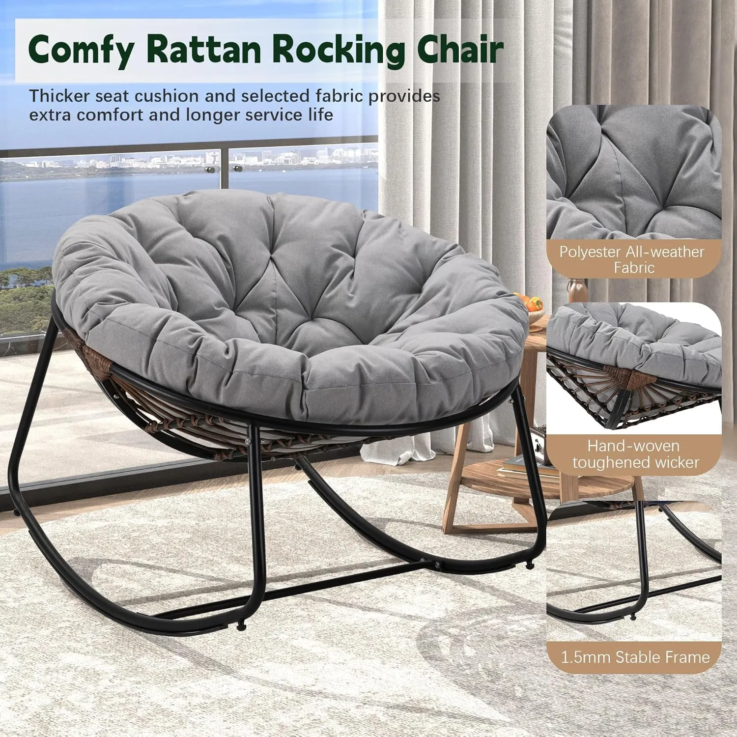 Outdoor Round Rocking Chair, Patio Wicker Egg Chair, Comfy Oversized Papasan Chair with Light Grey Padded Cushion Black Frame, Royal Rattan Rocker for Living Room, Front Porch, Patio