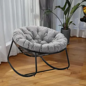 Outdoor Round Rocking Chair, Patio Wicker Egg Chair, Comfy Oversized Papasan Chair with Light Grey Padded Cushion Black Frame, Royal Rattan Rocker for Living Room, Front Porch, Patio
