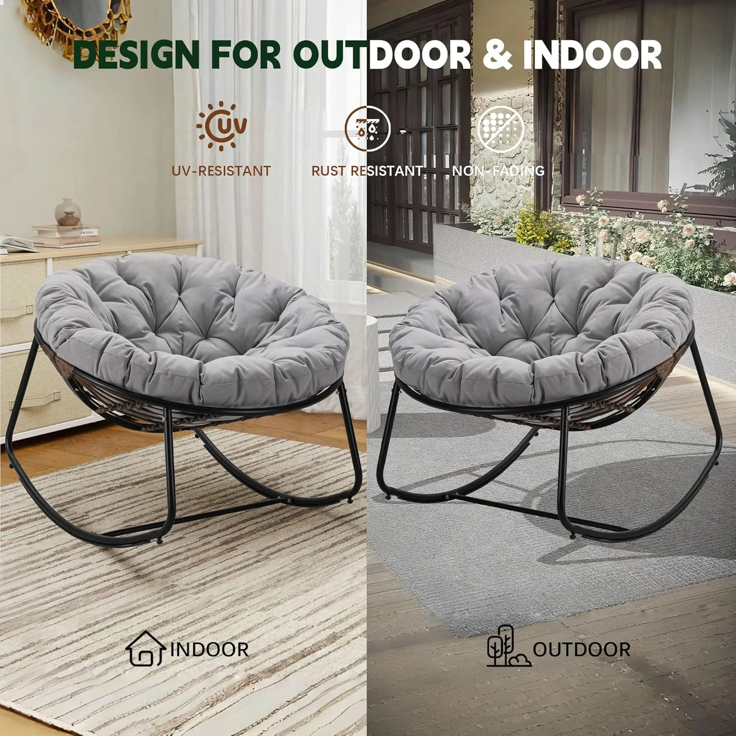 Outdoor Round Rocking Chair, Patio Wicker Egg Chair, Comfy Oversized Papasan Chair with Light Grey Padded Cushion Black Frame, Royal Rattan Rocker for Living Room, Front Porch, Patio