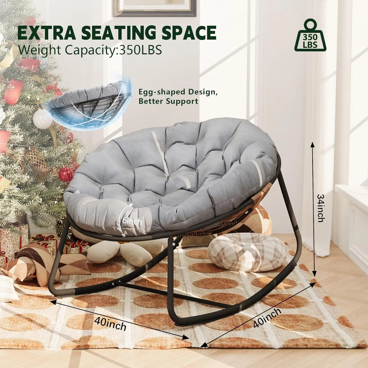 Outdoor Round Rocking Chair, Patio Wicker Egg Chair, Comfy Oversized Papasan Chair with Light Grey Padded Cushion Black Frame, Royal Rattan Rocker for Living Room, Front Porch, Patio