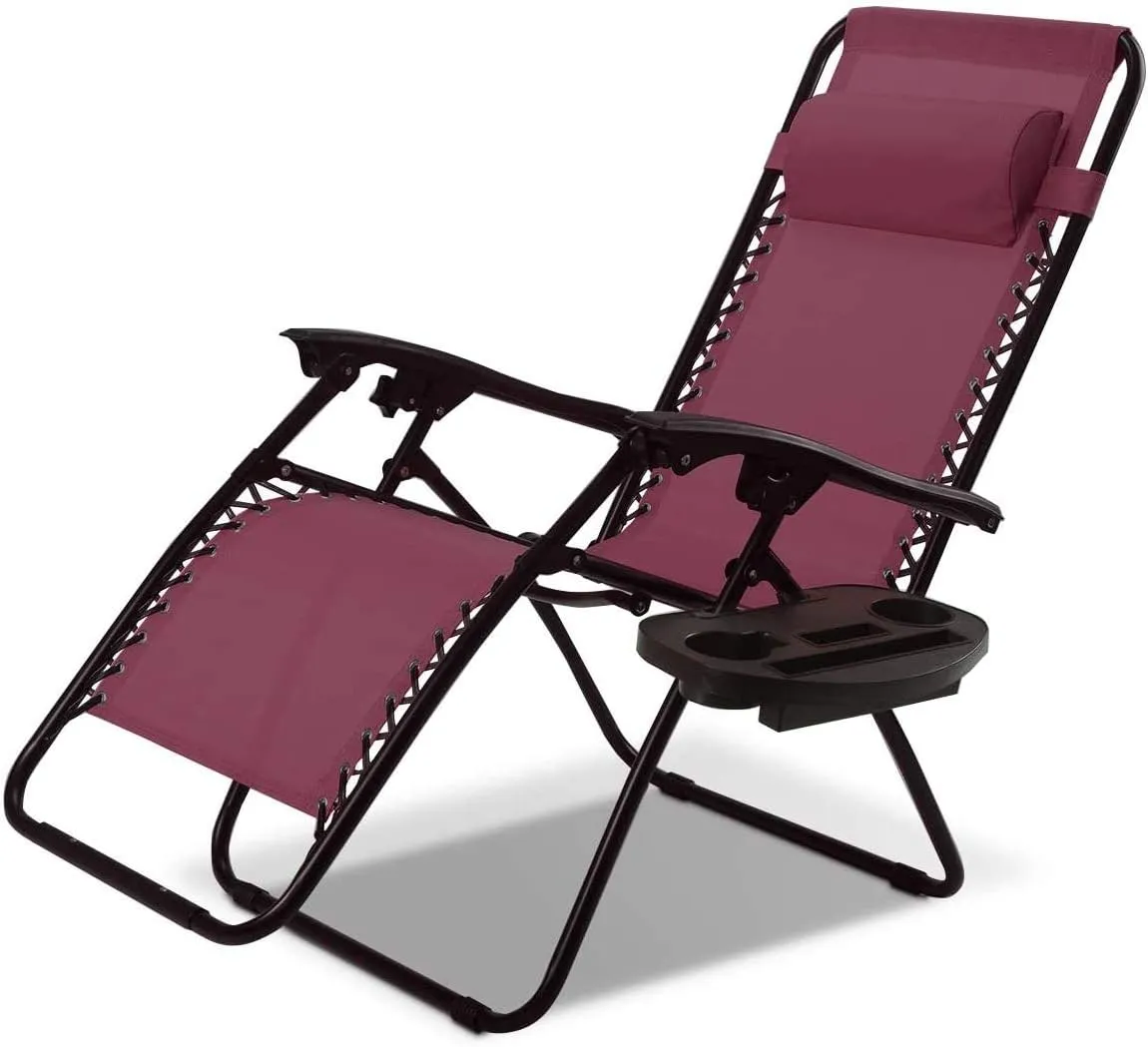 Outdoor Zero Gravity Lounge Chair with Pillow & Utility Tray, Folding Patio Lawn Beach Recliner(Wine)