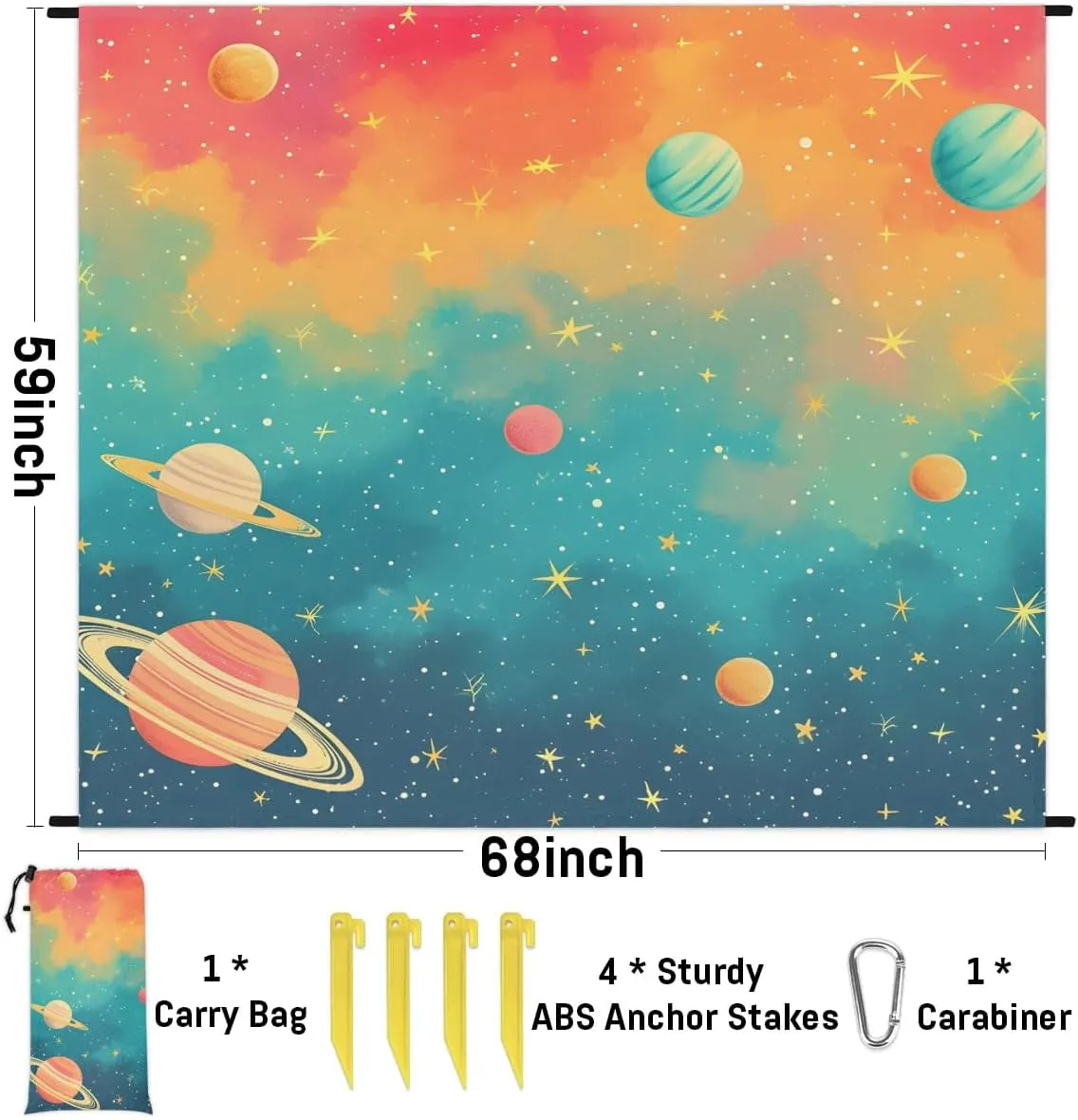 Outer Space Beach Blanket, Sandproof Beach Mat, 68 x 59 Waterproof Quick Drying Sand Free Mat with 4 x Ground Spikes for Outdoor Travel Camping Hiking, Solar System Planet