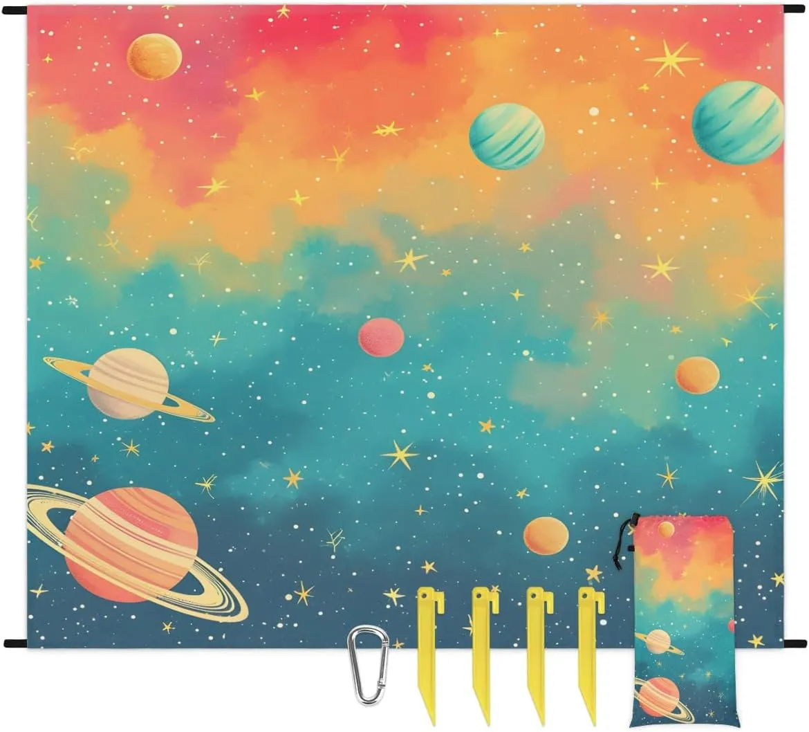 Outer Space Beach Blanket, Sandproof Beach Mat, 68 x 59 Waterproof Quick Drying Sand Free Mat with 4 x Ground Spikes for Outdoor Travel Camping Hiking, Solar System Planet