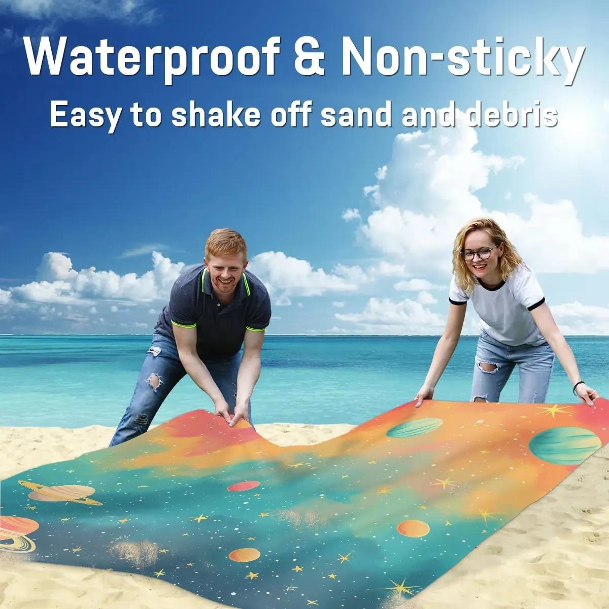 Outer Space Beach Blanket, Sandproof Beach Mat, 68 x 59 Waterproof Quick Drying Sand Free Mat with 4 x Ground Spikes for Outdoor Travel Camping Hiking, Solar System Planet