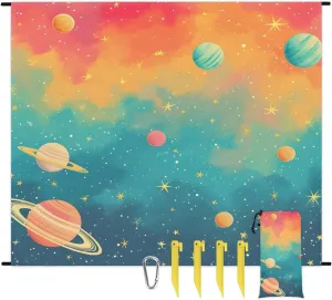 Outer Space Beach Blanket, Sandproof Beach Mat, 68 x 59 Waterproof Quick Drying Sand Free Mat with 4 x Ground Spikes for Outdoor Travel Camping Hiking, Solar System Planet
