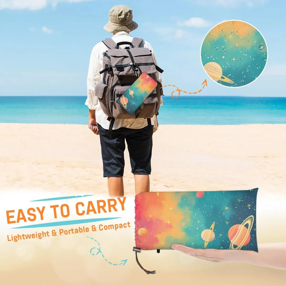 Outer Space Beach Blanket, Sandproof Beach Mat, 68 x 59 Waterproof Quick Drying Sand Free Mat with 4 x Ground Spikes for Outdoor Travel Camping Hiking, Solar System Planet