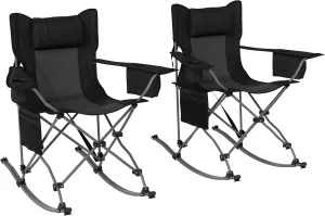 Outsunny Folding Rocking Camping Chairs for Adults, Portable Outdoor Rocking Chairs with Headrest, Cooler Bag, Cup Holder, Carry Bag for Picnic Outside and Outdoor Travel, 2 Pack, Black