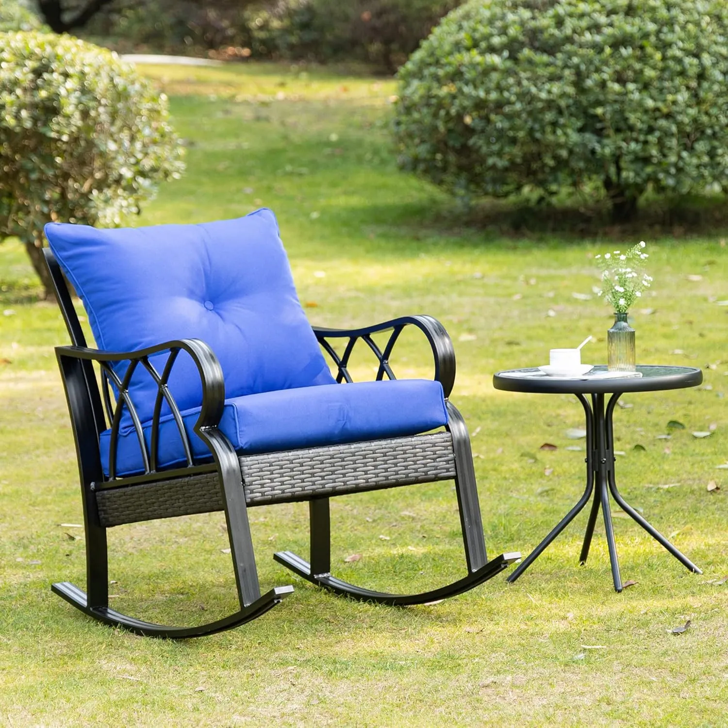 Outsunny Outdoor Wicker Rocking Chair with Padded Cushions, Aluminum Furniture Rattan Porch Rocker Chair w/Armrest for Garden, Patio, and Backyard, Blue