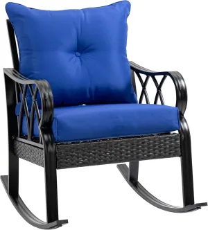Outsunny Outdoor Wicker Rocking Chair with Padded Cushions, Aluminum Furniture Rattan Porch Rocker Chair w/Armrest for Garden, Patio, and Backyard, Blue