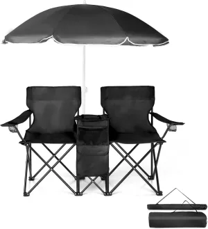 Outvita Folding Double Camping Chair w/Umbrella Beverage Holder Carrying Bag Cooler Fold Up Table, Large Bearing Capacity for Beach Patio Pool Park Outdoor Black