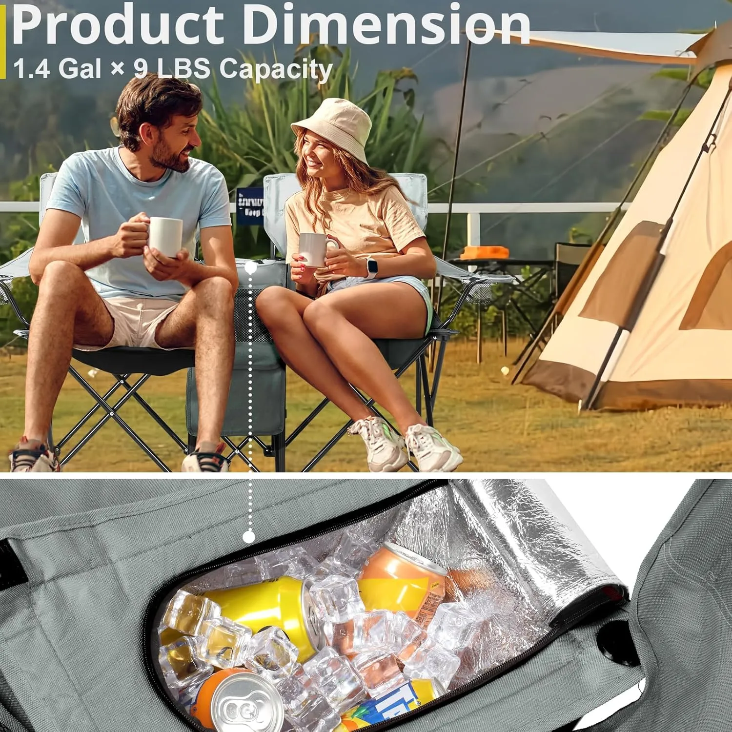 Outvita Folding Double Camping Chair w/Umbrella Beverage Holder Carrying Bag Cooler Fold Up Table, Large Bearing Capacity for Beach Patio Pool Park Outdoor Gray