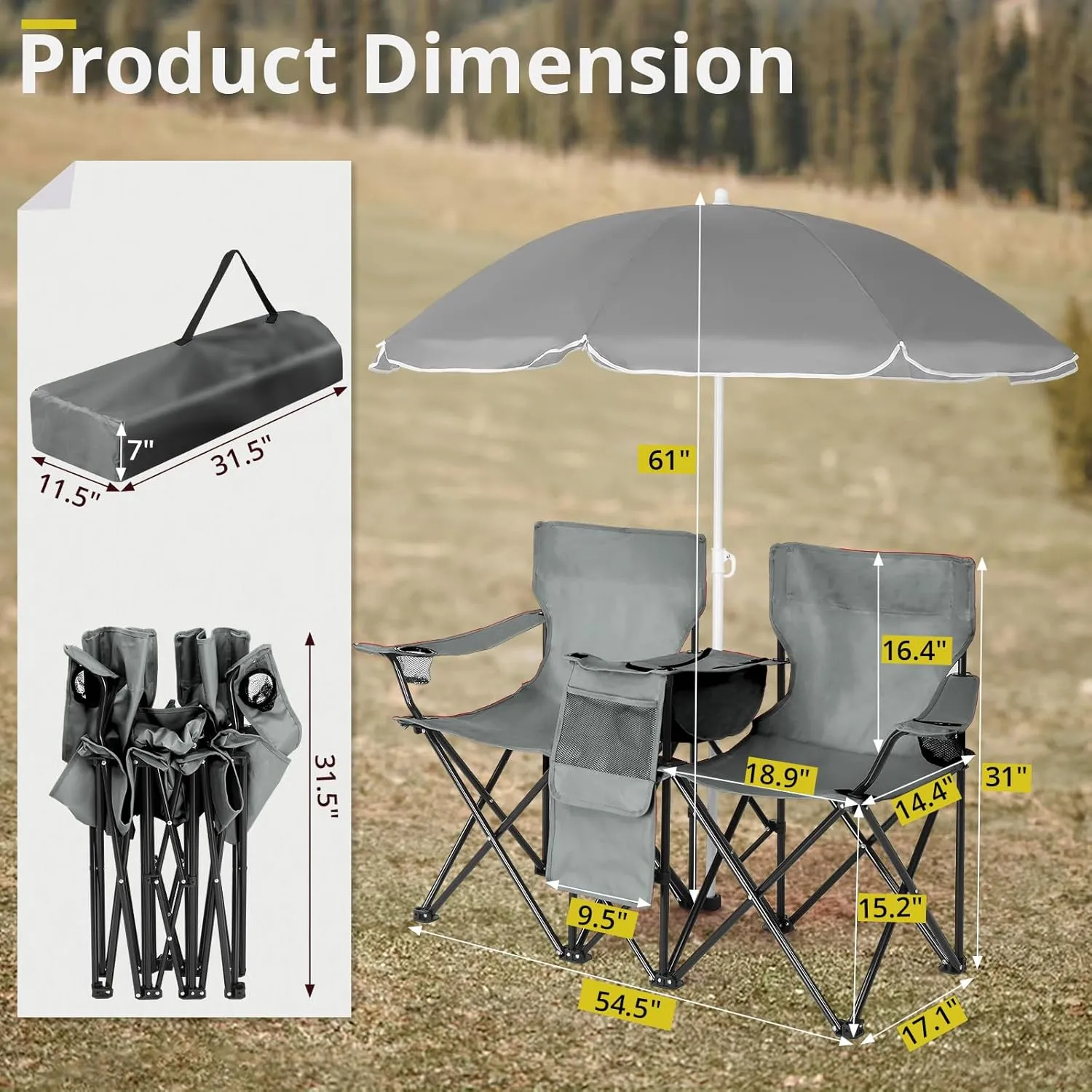 Outvita Folding Double Camping Chair w/Umbrella Beverage Holder Carrying Bag Cooler Fold Up Table, Large Bearing Capacity for Beach Patio Pool Park Outdoor Gray