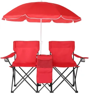 Outvita Folding Double Camping Chair w/Umbrella Beverage Holder Carrying Bag Cooler Fold Up Table, Large Bearing Capacity for Beach Patio Pool Park Outdoor Red
