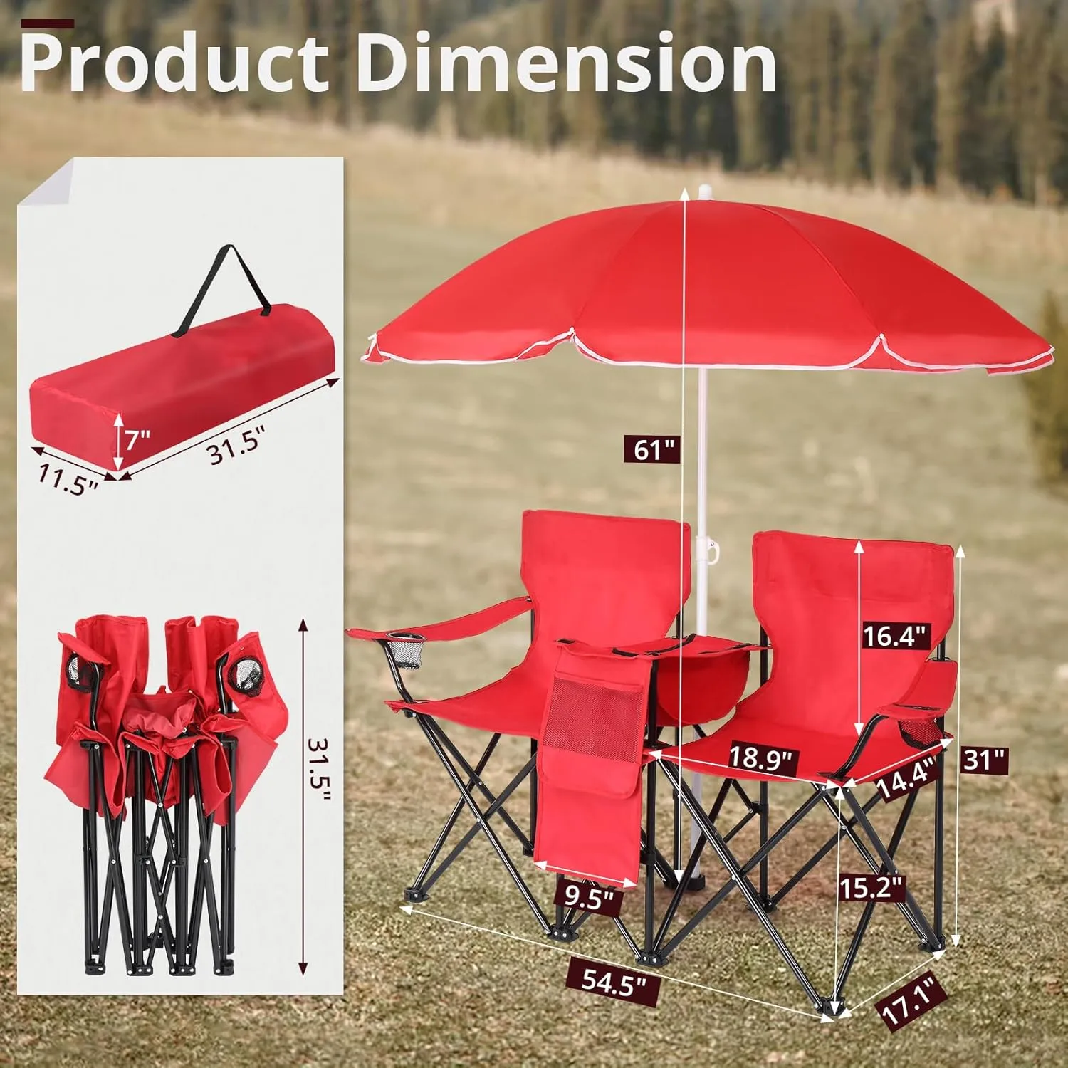 Outvita Folding Double Camping Chair w/Umbrella Beverage Holder Carrying Bag Cooler Fold Up Table, Large Bearing Capacity for Beach Patio Pool Park Outdoor Red