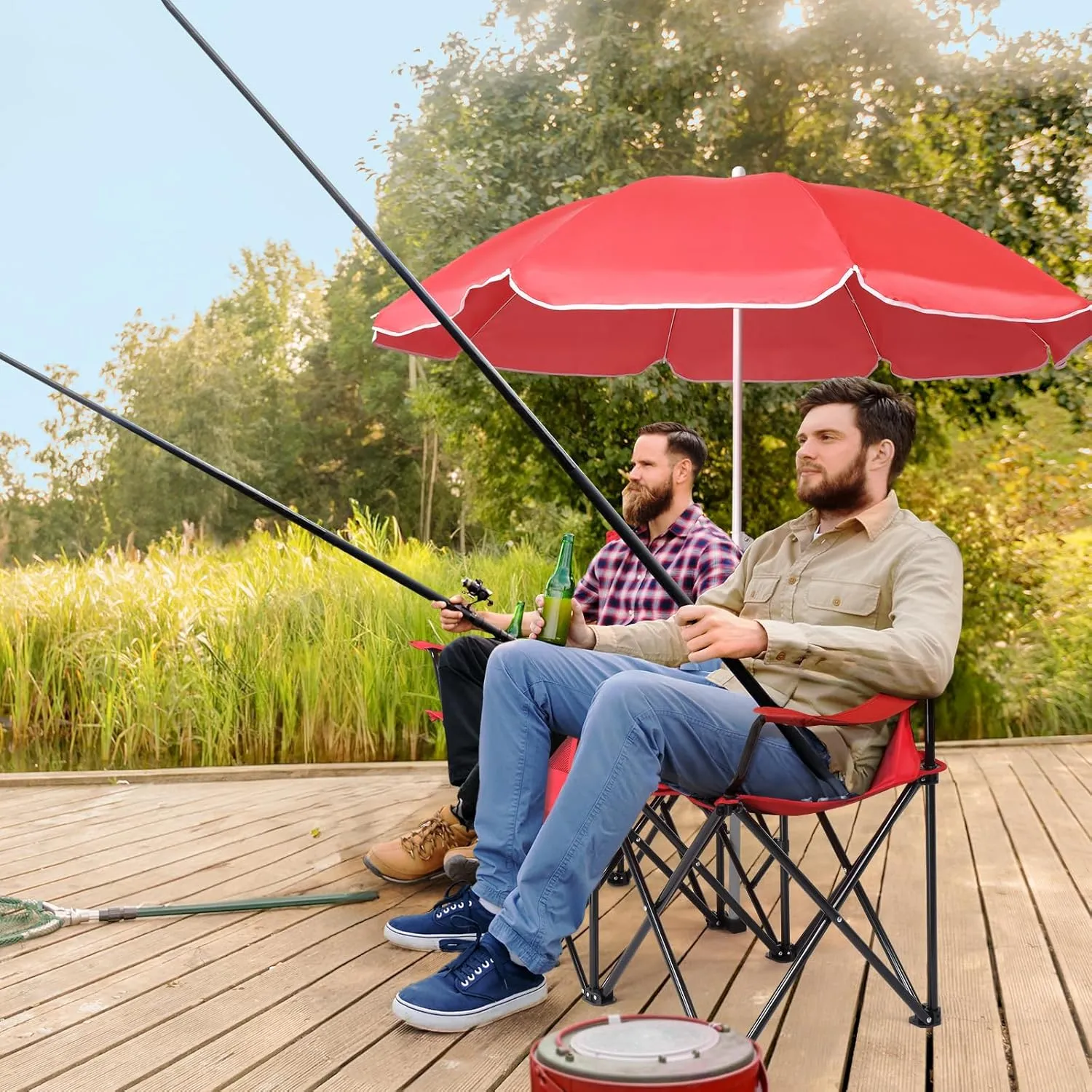 Outvita Folding Double Camping Chair w/Umbrella Beverage Holder Carrying Bag Cooler Fold Up Table, Large Bearing Capacity for Beach Patio Pool Park Outdoor Red