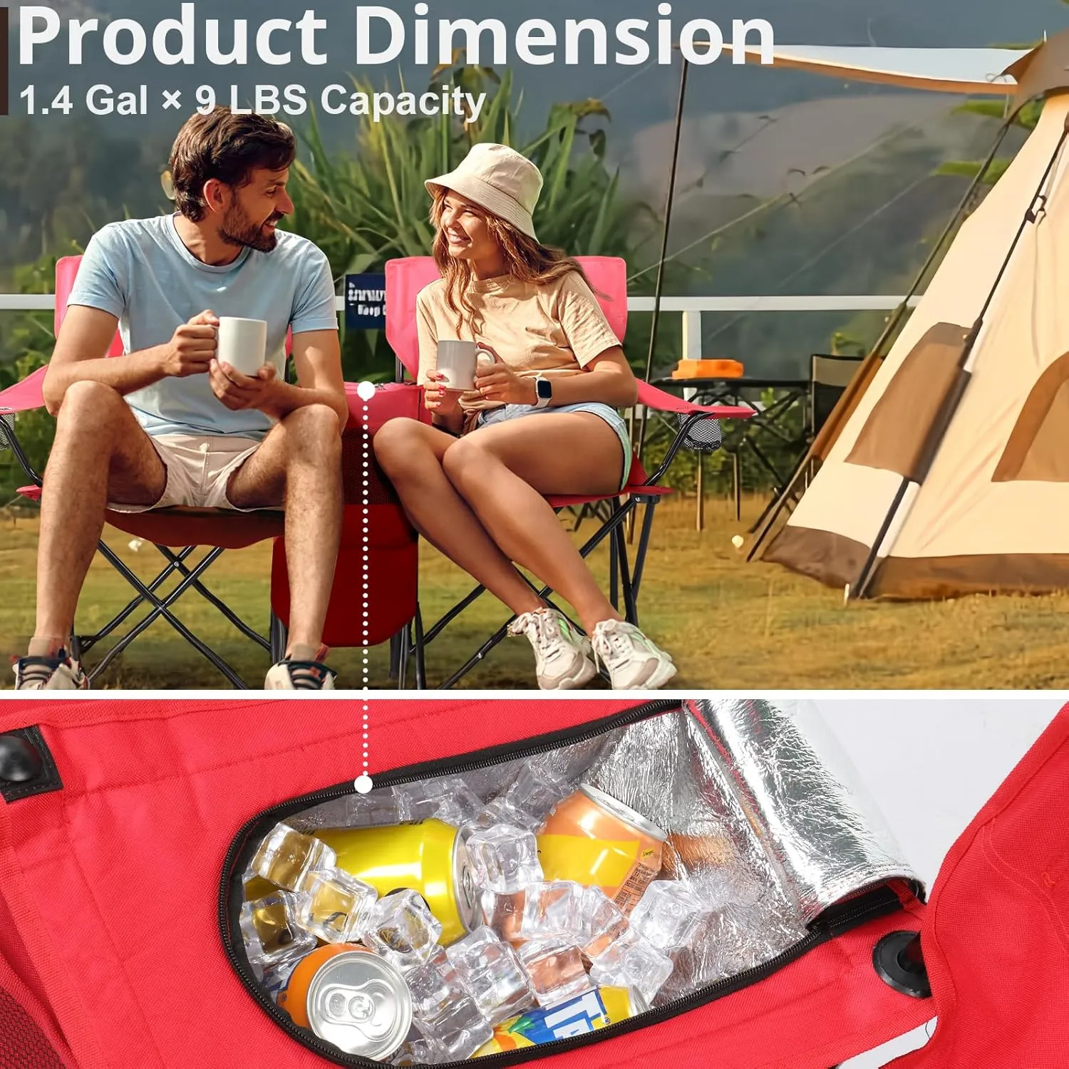 Outvita Folding Double Camping Chair w/Umbrella Beverage Holder Carrying Bag Cooler Fold Up Table, Large Bearing Capacity for Beach Patio Pool Park Outdoor Red