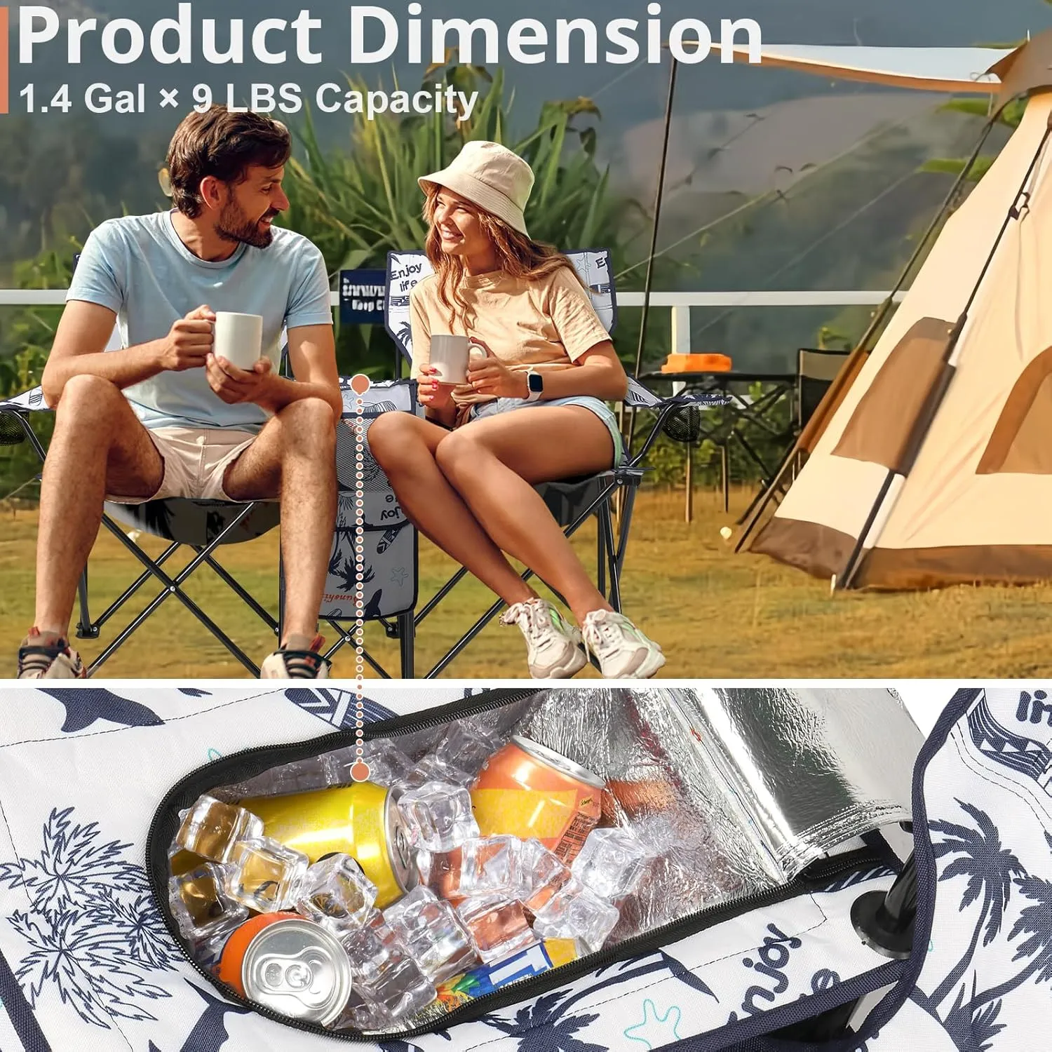 Outvita Folding Double Camping Chair w/Umbrella Beverage Holder Carrying Bag Cooler Fold Up Table, Large Bearing Capacity for Beach Patio Pool Park Outdoor Shark Pattern