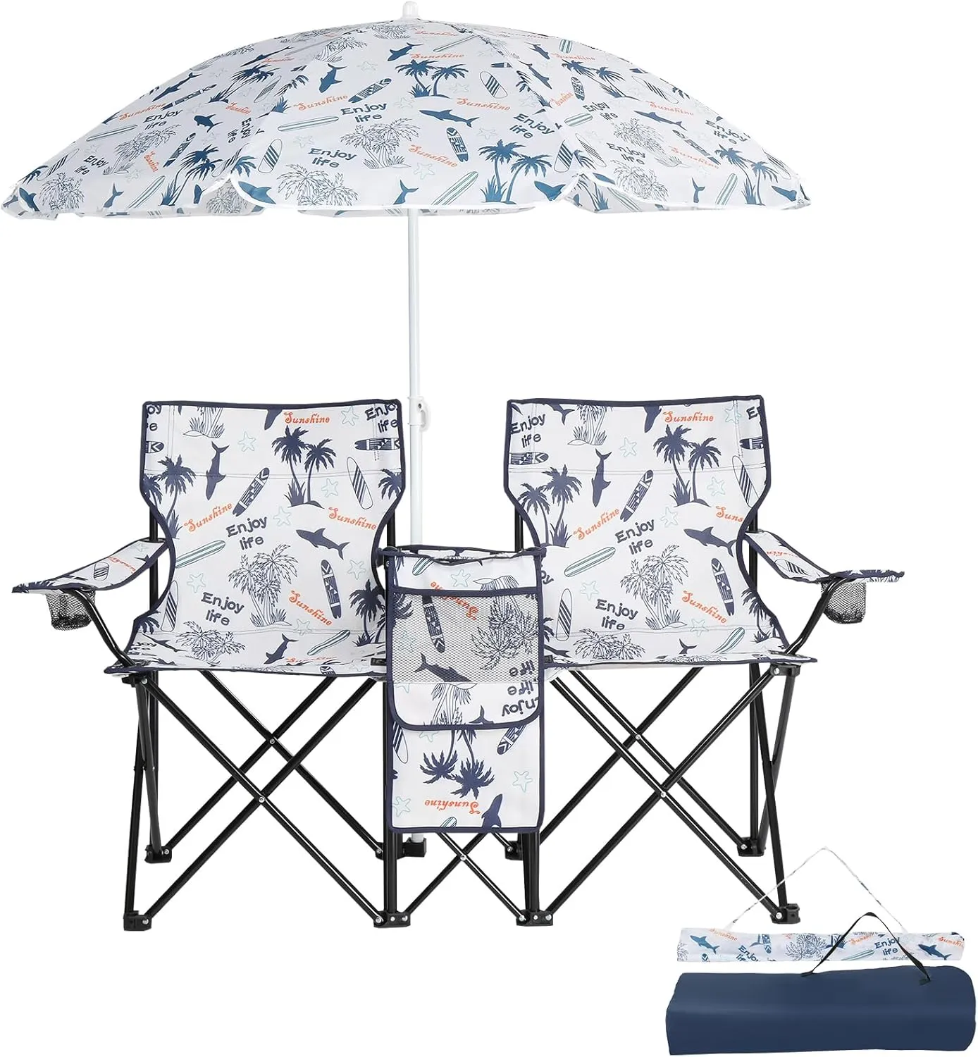 Outvita Folding Double Camping Chair w/Umbrella Beverage Holder Carrying Bag Cooler Fold Up Table, Large Bearing Capacity for Beach Patio Pool Park Outdoor Shark Pattern