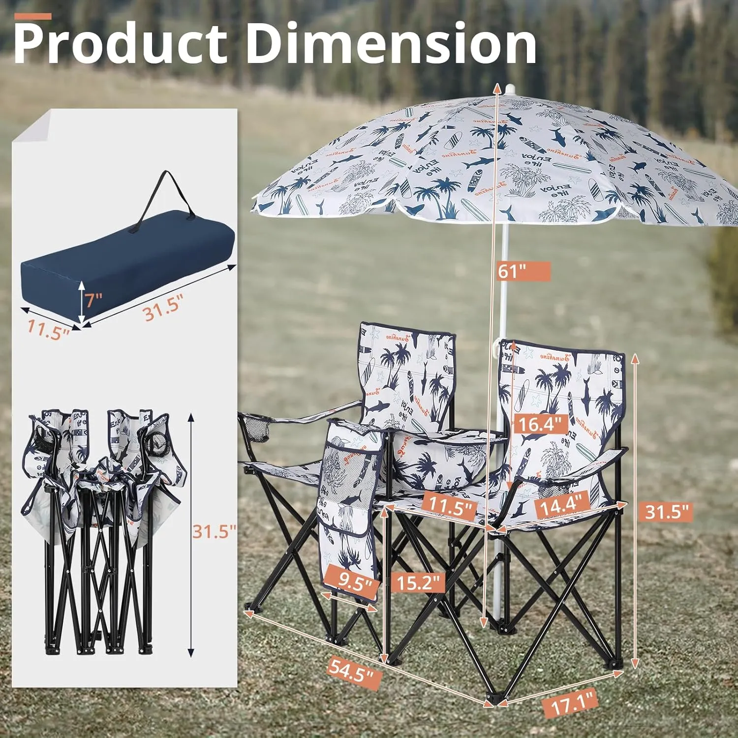 Outvita Folding Double Camping Chair w/Umbrella Beverage Holder Carrying Bag Cooler Fold Up Table, Large Bearing Capacity for Beach Patio Pool Park Outdoor Shark Pattern