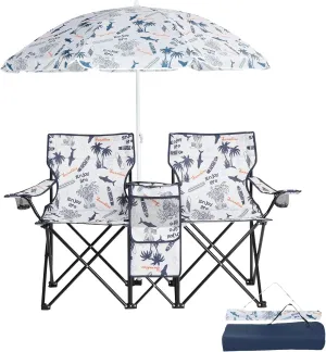 Outvita Folding Double Camping Chair w/Umbrella Beverage Holder Carrying Bag Cooler Fold Up Table, Large Bearing Capacity for Beach Patio Pool Park Outdoor Shark Pattern
