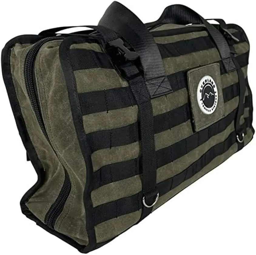 Overland Vehicle Systems Large Recovery Bag with Handle & Straps - #16 Waxed Canvas Storage - Infused with Paraffin Wax Waterproofing - Two Heavy Duty Alligator buckles and Industrial Nylon Handle