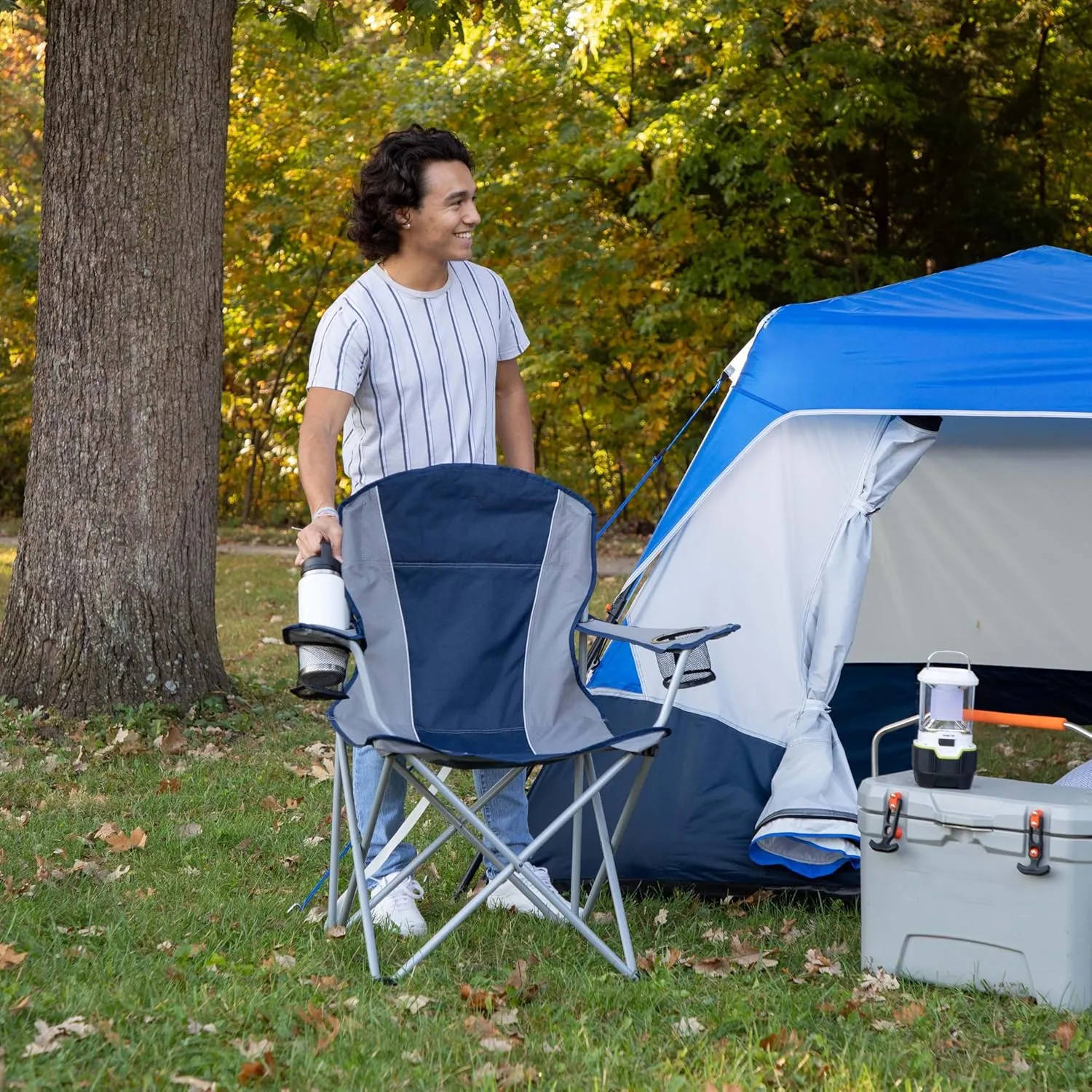 Oversized Camping Portable Chairs,Folding Quad Arm Chairs,Heavy Duty 400lbs Support with Two Cup Holder for Camping, Fishing, Beach,and Sports,Carry Bag Included,Blue Cove