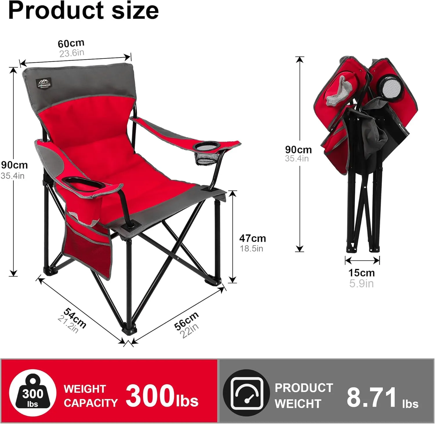 Oversized Folding Camping Chair,Heavy Duty Padded Portable Lawn Chair w/Extra Large Cup Holder,Side Pocket for Adults Outdoor Sports Hiking Beach Garden Picnic,Red