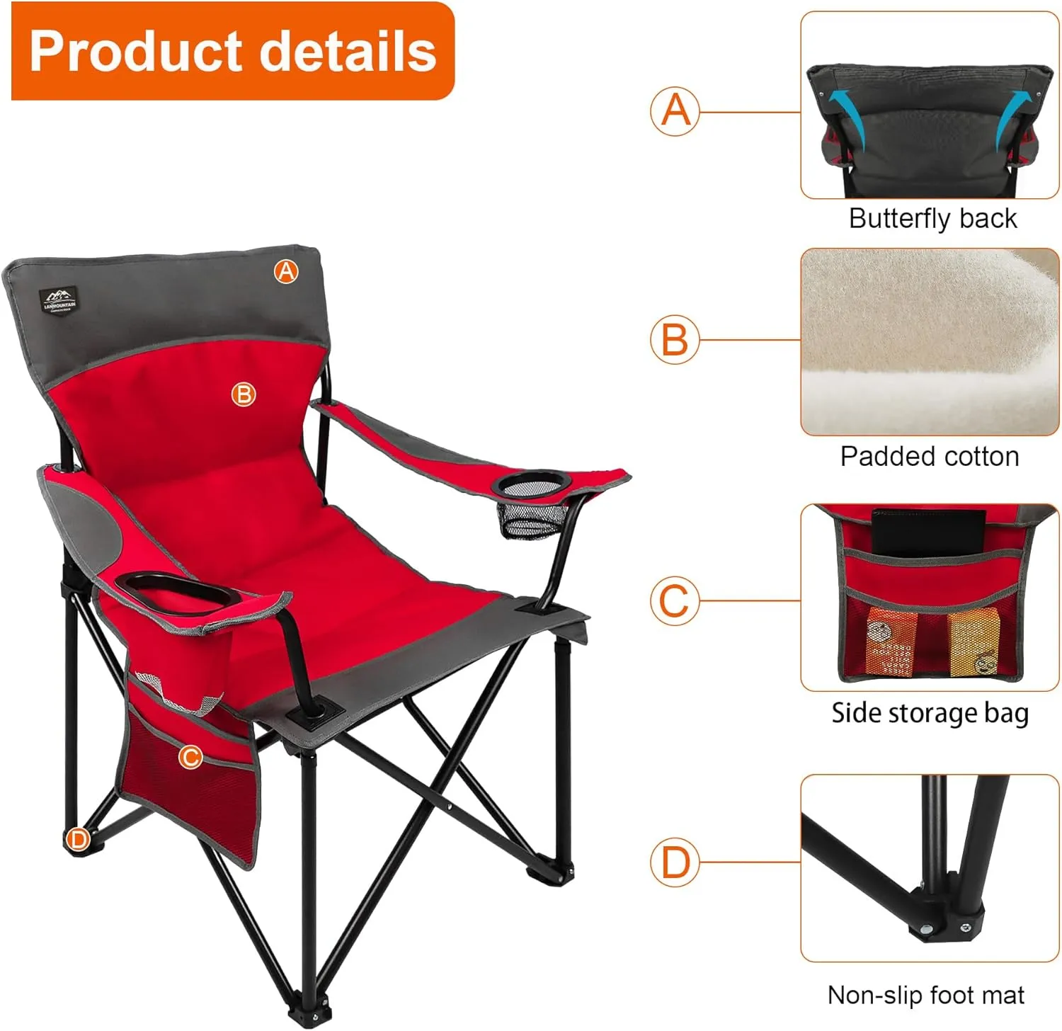 Oversized Folding Camping Chair,Heavy Duty Padded Portable Lawn Chair w/Extra Large Cup Holder,Side Pocket for Adults Outdoor Sports Hiking Beach Garden Picnic,Red