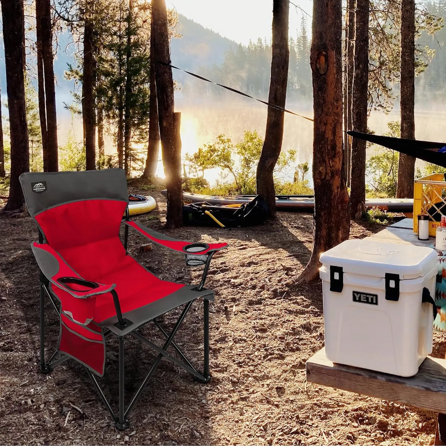 Oversized Folding Camping Chair,Heavy Duty Padded Portable Lawn Chair w/Extra Large Cup Holder,Side Pocket for Adults Outdoor Sports Hiking Beach Garden Picnic,Red