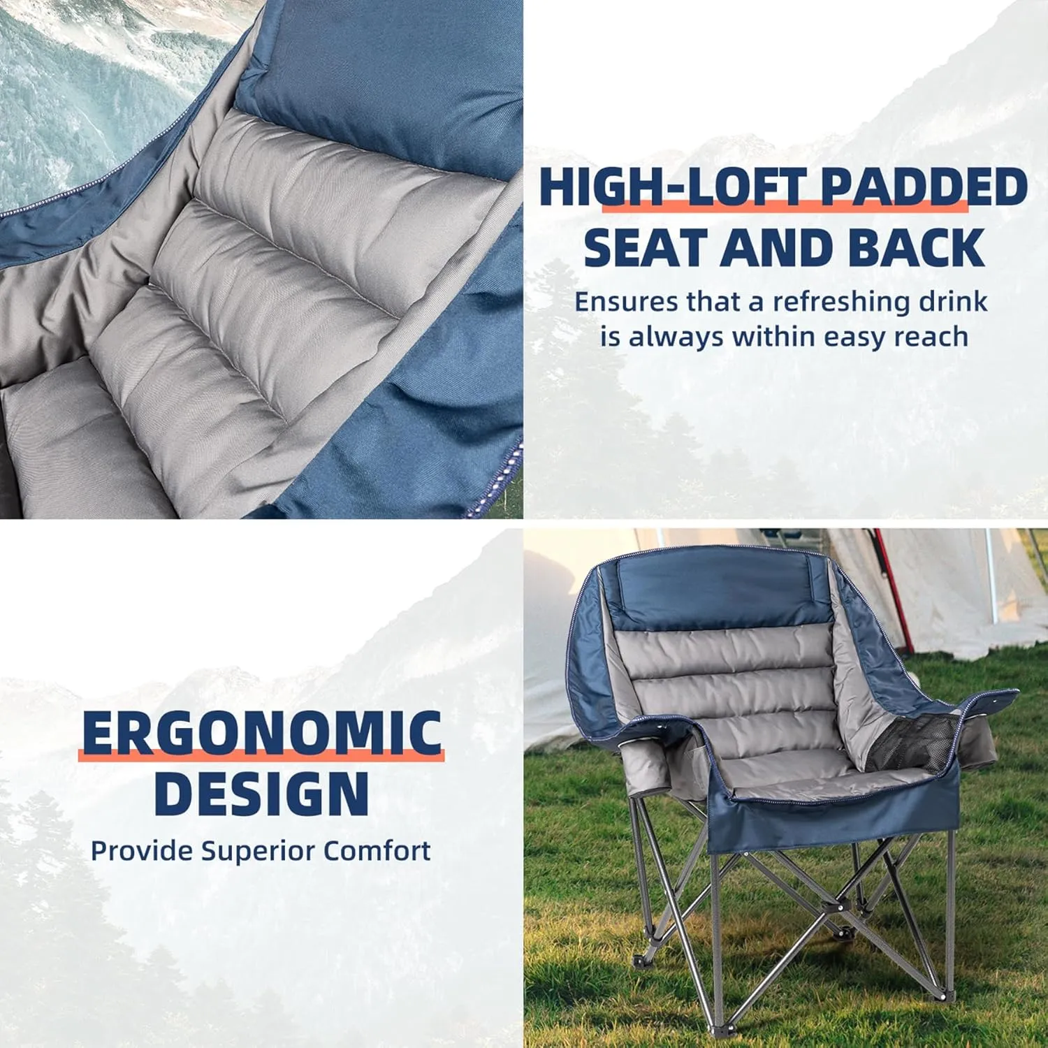 Oversized Padded Camping Chair Heavy Duty 500lbs Capacity - Extra Large Folding Outdoor Chair with Side Pocket & Cup Holder, High-Loft Cushion for Backyard, Camping, Fishing (Blue & Gray)
