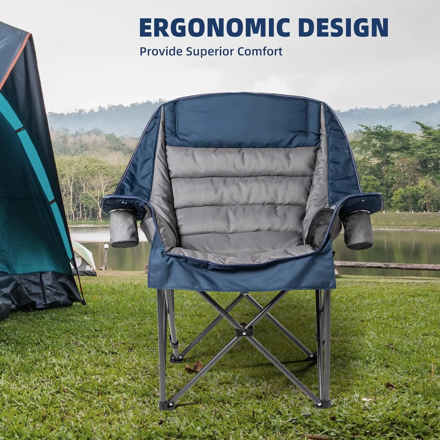 Oversized Padded Camping Chair Heavy Duty 500lbs Capacity - Extra Large Folding Outdoor Chair with Side Pocket & Cup Holder, High-Loft Cushion for Backyard, Camping, Fishing (Blue & Gray)