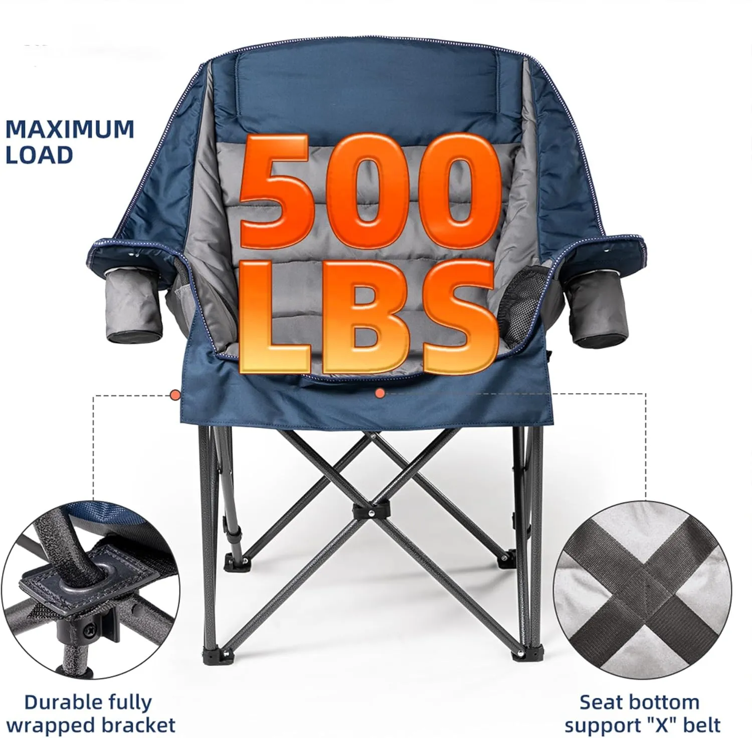 Oversized Padded Camping Chair Heavy Duty 500lbs Capacity - Extra Large Folding Outdoor Chair with Side Pocket & Cup Holder, High-Loft Cushion for Backyard, Camping, Fishing (Blue & Gray)