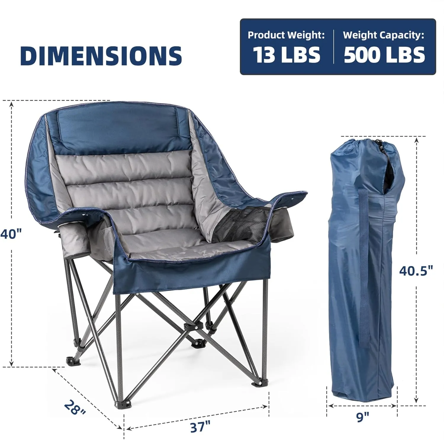 Oversized Padded Camping Chair Heavy Duty 500lbs Capacity - Extra Large Folding Outdoor Chair with Side Pocket & Cup Holder, High-Loft Cushion for Backyard, Camping, Fishing (Blue & Gray)
