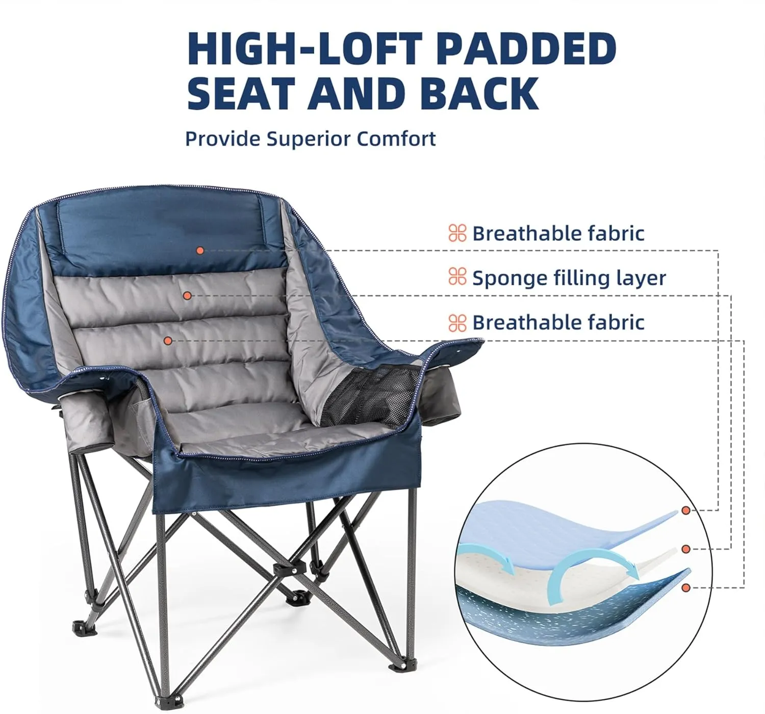 Oversized Padded Camping Chair Heavy Duty 500lbs Capacity - Extra Large Folding Outdoor Chair with Side Pocket & Cup Holder, High-Loft Cushion for Backyard, Camping, Fishing (Blue & Gray)