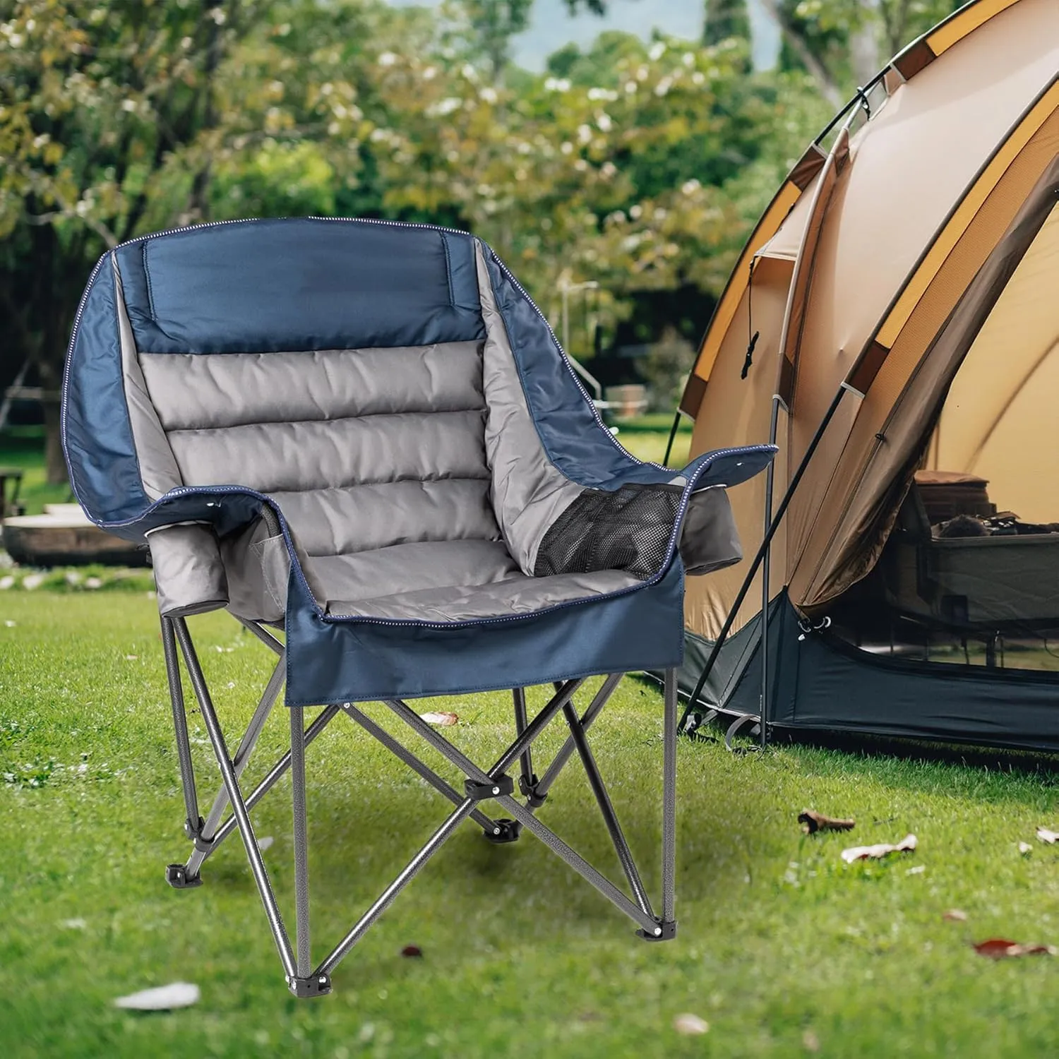 Oversized Padded Camping Chair Heavy Duty 500lbs Capacity - Extra Large Folding Outdoor Chair with Side Pocket & Cup Holder, High-Loft Cushion for Backyard, Camping, Fishing (Blue & Gray)