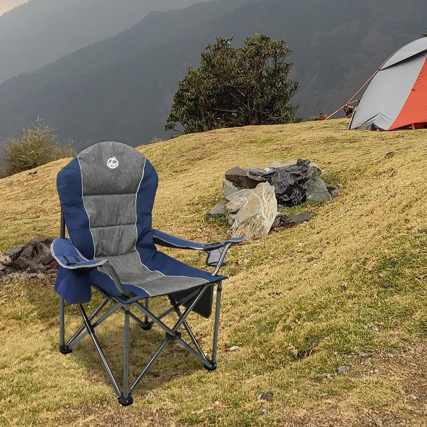 Oversized Portable Camping Chair, Full Padded Outdoor Folding Chair Support 350 LBS, Heavy Duty Lawn Chair with Cup Holder, Cooler Bag, Lumbar Support, Head Pocket for Adult-Blue