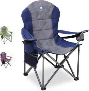 Oversized Portable Camping Chair, Full Padded Outdoor Folding Chair Support 350 LBS, Heavy Duty Lawn Chair with Cup Holder, Cooler Bag, Lumbar Support, Head Pocket for Adult-Blue